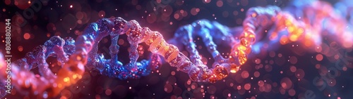 DNA structure illustrated with a combination of vibrant and dark colors, emphasizing its complexity in a visually striking manner