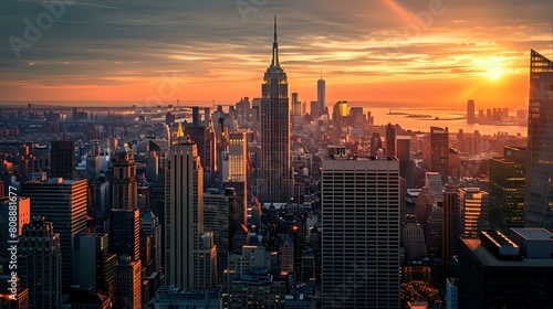 Empire State Building: Manhattan Downtown Skyline at Amazing Golden Sunset.