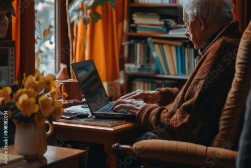 A retired professional turned author, typing their memoir on a laptop in a cozy home office