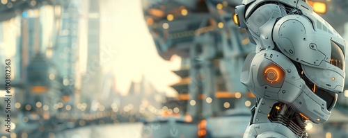 Capture a side view of a futuristic robot inspired by Da Vincis anatomical sketches, set against a bustling cityscape Utilize photorealistic CG 3D techniques to enhance details