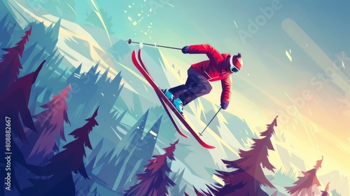 An alpine skier jumps in the air on a forest ski area background, illustrative scene from a low angle