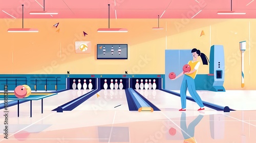 Vibrant Bowling Alley with Happy Female Bowler in Striking Pose and Colorful Scoreboards and Spectators
