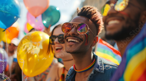 Multiracial gay people having fun at pride parade - Concept of lgbt and homosexual or transexual love Stock Photo photography