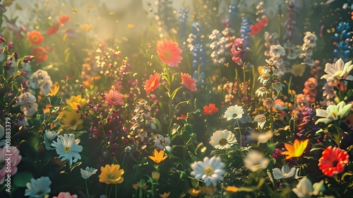 Monet-Inspired Morning Scene: 1000 Colorful Flowers Captured in Real Photography