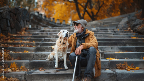 Front view of senior blind man holding a white walking stick, and guide dog sitting on stairs at a public space