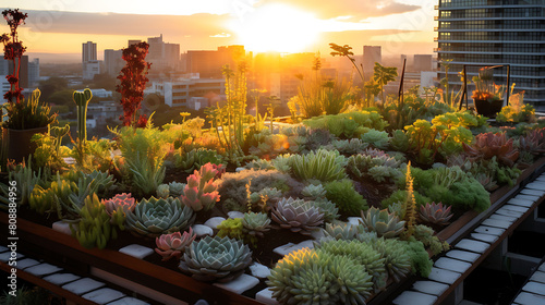 A rooftop garden with succulents and gravel pathways.