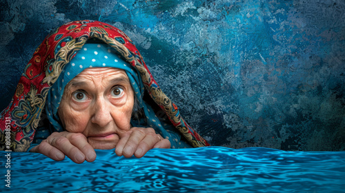 old woman with Despair: Hollow gaze, trembling hands, drowning in a sea of hopelessness.