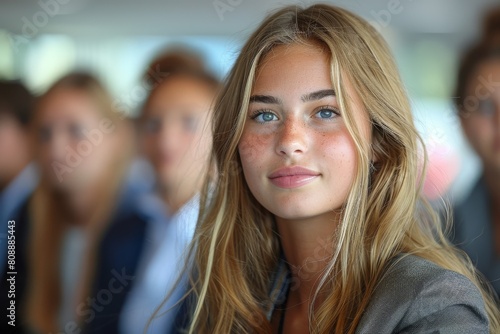 Young woman with a thoughtful expression against a backdrop of blurred business meeting attendees
