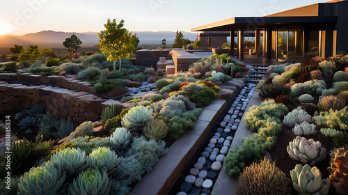 A rooftop garden with succulents and gravel pathways.