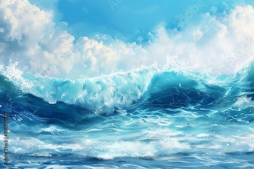 powerful ocean waves crashing closeup vivid blue seascape digital illustration
