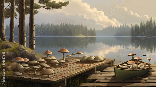 A serene lakeside scene with agaricus mushrooms near a wooden dock, with canoes ready for a morning paddle.