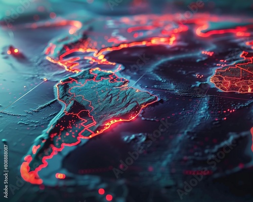 A topographic world map with glowing red fault lines highlighting vulnerable infrastructure, a digital skull cracks across the Pacific Ocean