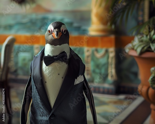 A penguin in a tuxedo, portraying a formal leader in a ceremonial setting, with copy space for text, captured in documentary