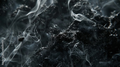 A hyperrealistic closeup of cigarette smoke, revealing the intricate web of tar and nicotine particles
