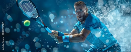 Young male tennis player in blue sportswear playing tennis. He is hitting the ball with his racket. Water splash around him.
