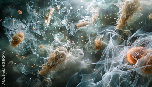 A microscopic ballet of dust mites and bacteria cavorting amidst a swirling vortex of smoke particles