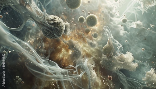 A microscopic ballet of dust mites and bacteria cavorting amidst a swirling vortex of smoke particles