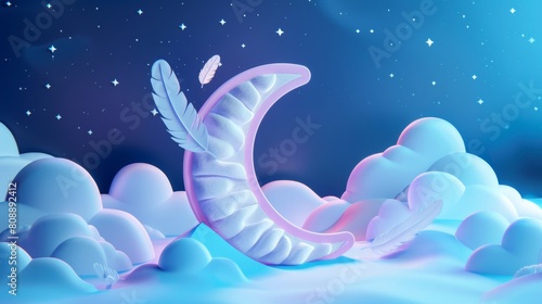 Poster of sanitary pads for night use with absorbent cotton. Concept of pads for night use with glossy crescent moon and feathers in the night sky.