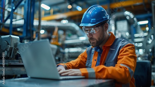 Engineer in blue workwear using laptop at industrial plant enhances operational efficiency and safety