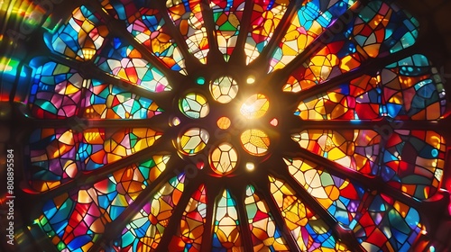 A stained glass mandala, with sunlight streaming through vividly colored pieces of glass, casting a kaleidoscope of shadows