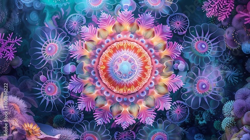 A vibrant underwater mandala, with coral, sea anemones, and small fish forming a natural, aquatic design