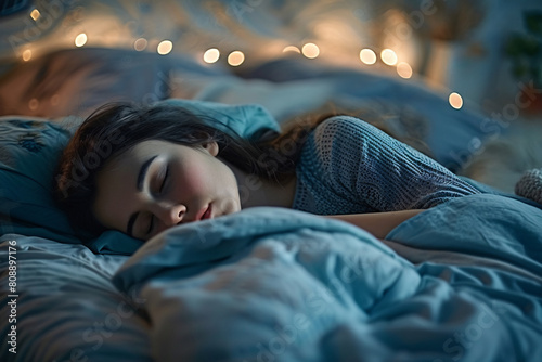 close up young caucasian woman sleeping in bed at night. white female sleep hygiene concept good night rest and wellness