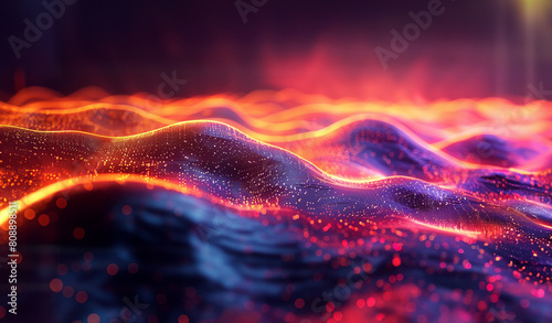 Abstract digital background with colorful glowing lines forming waves and hills, representing data visualization in the style of technology or science. Colorful gradient lines and glowing dots.
