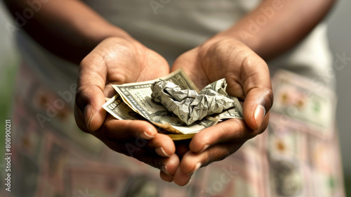 Close-up of a person's hands holding a handful of crumpled currency, emphasizing financial desperation
