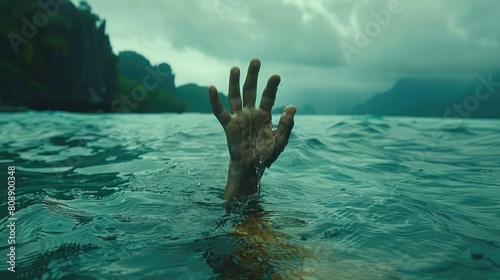 Drowning sinking African American man in sea problems water asking for help with raised arm. Trapped emotions depicted or work overpressure human in danger natural disaster sos concept
