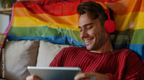 Satisfied young gay queer man in headphone and red sweater using digital tablet in living room with pride rainbow flag on background Stock Photo photography