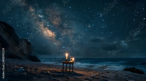Starry Night Over Secluded Coastal Beach with Lone Candlelit Table and Milky Way Galaxy