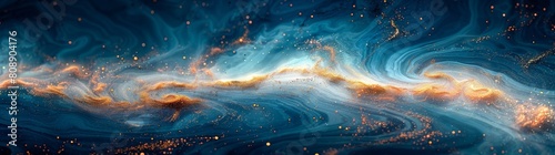Enchanting, panoramic abstract background that mimics a cosmic swirl with deep blue hues and sparkling golden accents, evoking a sense of celestial wonder and artistic creativity