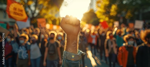 A hand raised at street protest. Activist demonstration movement. Generative AI technology.