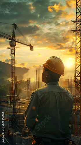 Photo realistic image of a foreman supervising construction workers, ensuring safety and productivity standards on site