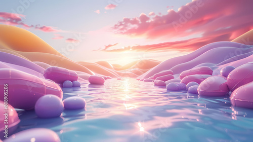 The image is a beautiful landscape with a pink sky, blue water and purple rocks. The water is reflecting the sky and the rocks are glowing.