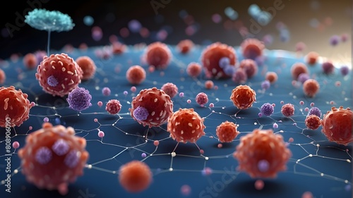 The medical approach to immunotherapy, showing viruses floating in a tiny perspective. The picture demonstrates the idea of fighting diseases, especially cancer, with the body's immune system.