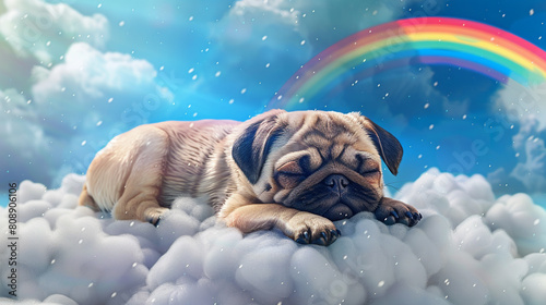 A 3D kawaii Pug pup with a squishy face, snoring peacefully on a fluffy cloud with a rainbow overhead