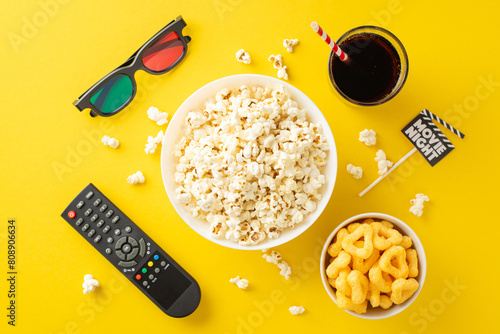 Enjoy ultimate movie night in. Top-view of savory snacks, 3D glasses, remote for streaming. Movie-themed decoration on stick add festive touch on yellow backdrop. Perfect for any home cinema setup