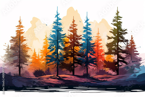 Pine tree flat design side view forest theme water color Triadic Color Scheme