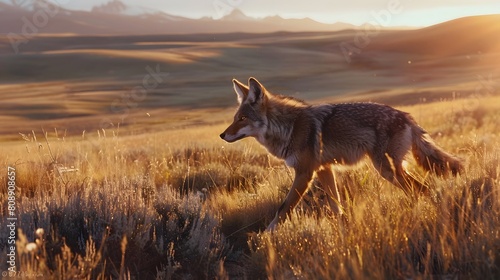 8K wallpaper of a coyote trotting through a grassy plain at dawn, with the first light illuminating the surrounding landscape and distant mountains