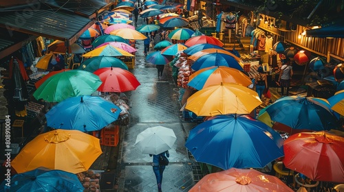 A bustling street market with people holding colorful umbrellas.