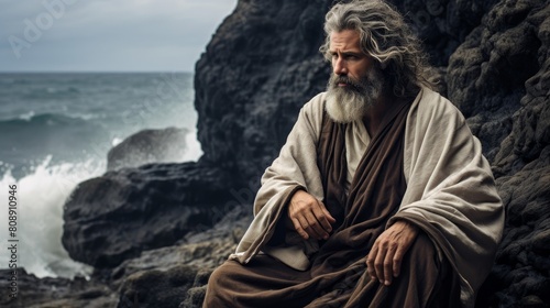 Greek philosopher lost in thought on cliff overlooking turbulent sea