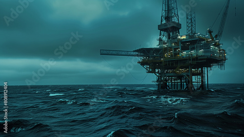 Oil rig in stormy sea at dusk