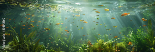 Realistic Underwater Scene with vibrant fish, green plants and sunlight filtering through the water, creating an enchanting underwater world