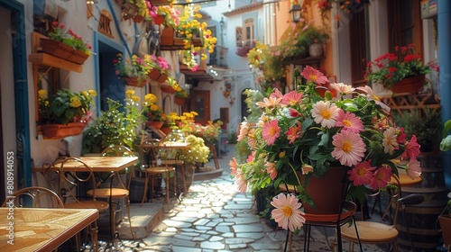 Flowers blooming in the courtyard of a cafe terrace. Generative AI.