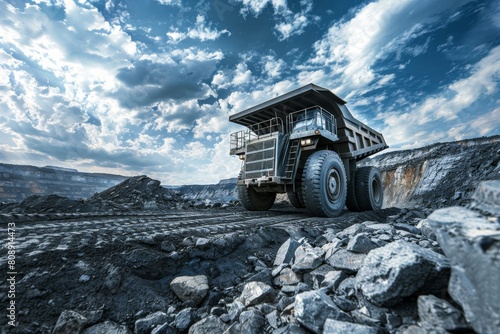 A rugged terrain with a coal mining truck in action, viewed from a low angle to emphasize toughness.