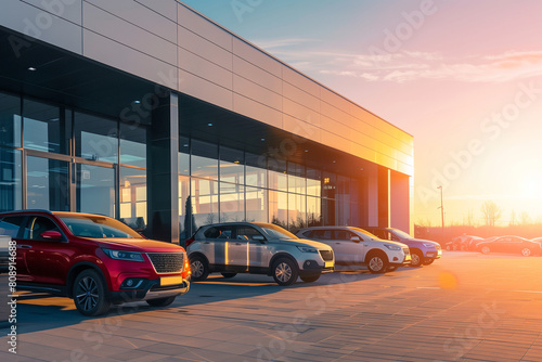 Vibrant and dynamic photograph of the exterior of an automotive showroom with cars parked in front, illuminated by natural sunlight. The scene captures a wide view showcasing various vehicles lined up