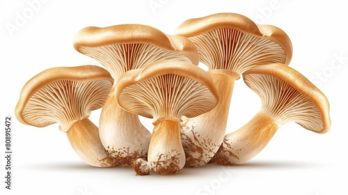 A group of edible oyster mushrooms with gilled caps, stipes. Fall fungus, fall food. Pleurotus ostreatus. Modern flat graphic illustration.