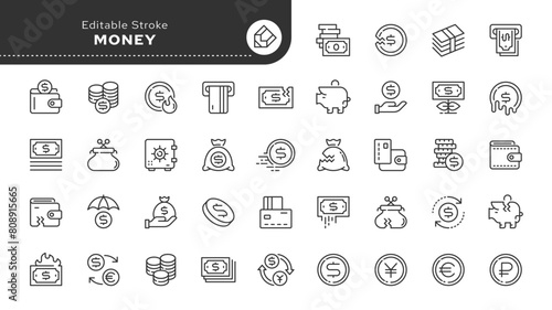 Money, finance, coin,currency and banknote. Set of line icons in linear style. Outline icon collection. Conceptual pictogram 