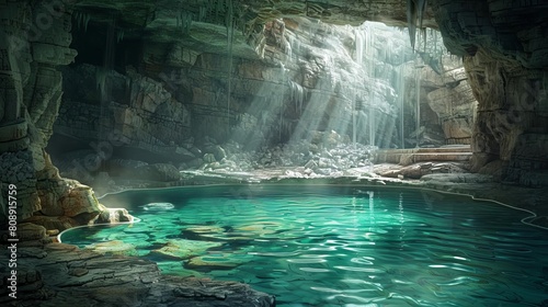 Imagine an eye-level view of a hidden cave pool